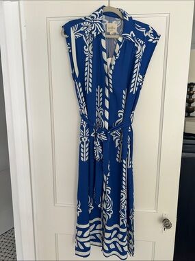 Umgee Royal Blue & White Printed Midi Shirt Dress